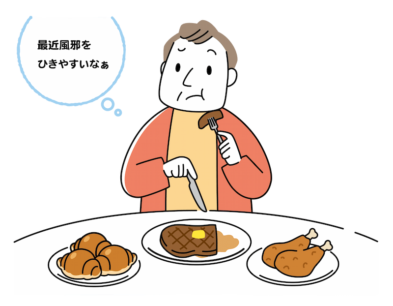 山盛りのテーブルでお肉やパンを食べている太った中年男性のイラスト