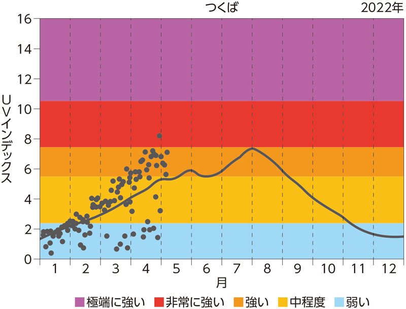 つくばにおける年間の紫外線量の変化のグラフ