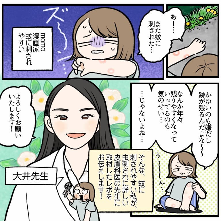 漫画家のmomoさんが皮膚科医の大井先生に虫刺されについて取材する場面のイラスト