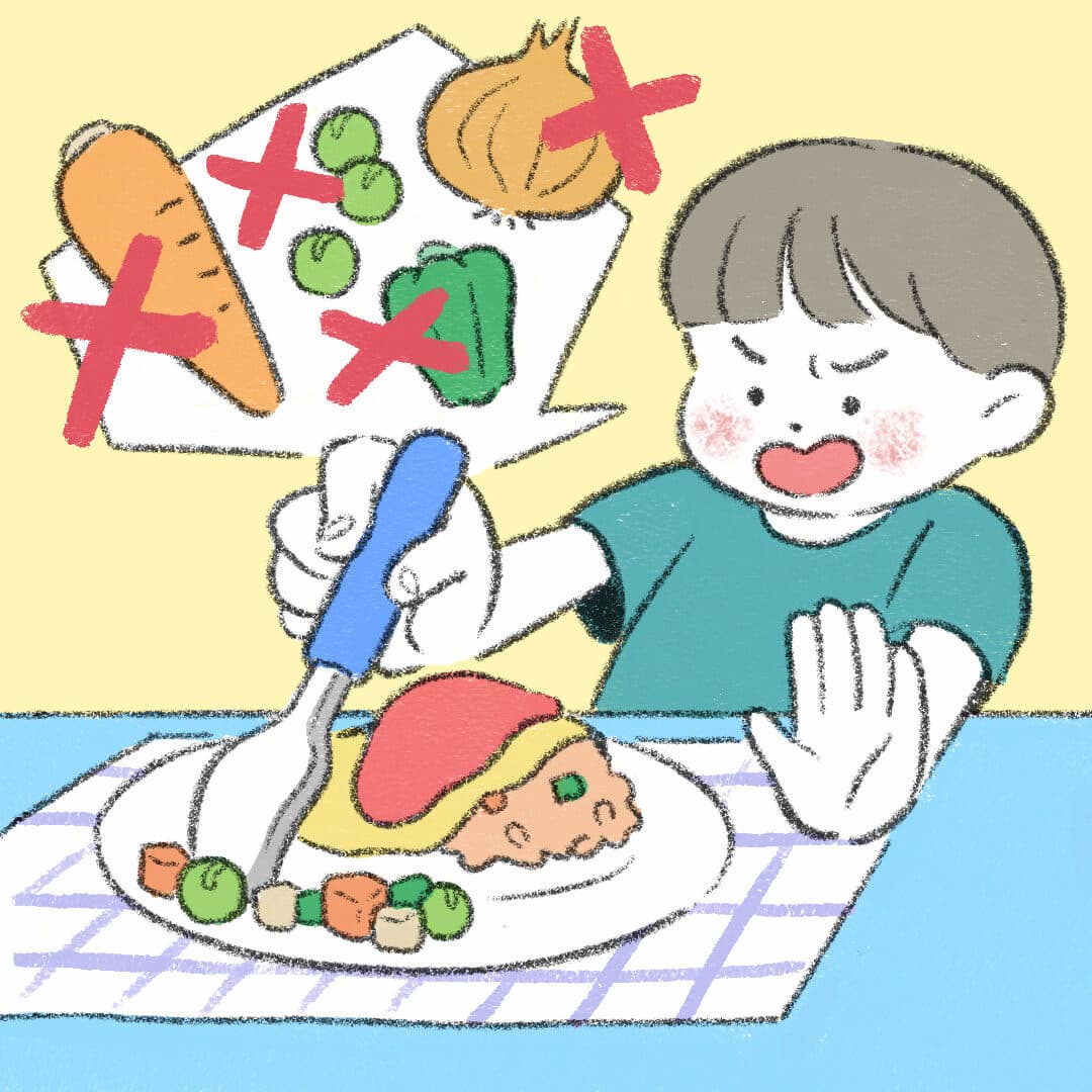 子どもが野菜を食べない様子のイラスト