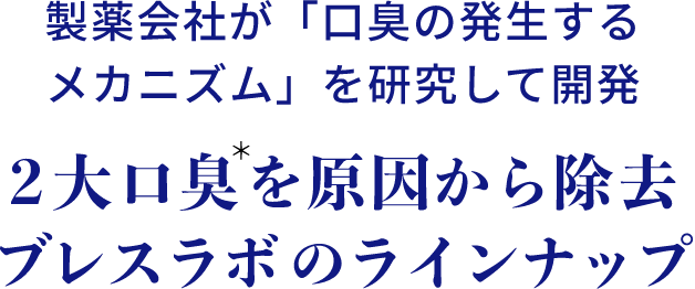 製薬会社が「口臭の発生するメカニズム」を研究して開発2大口臭＊を原因から除去 ブレスラボのラインナップ＊口中が原因の生理的口臭と病的口臭