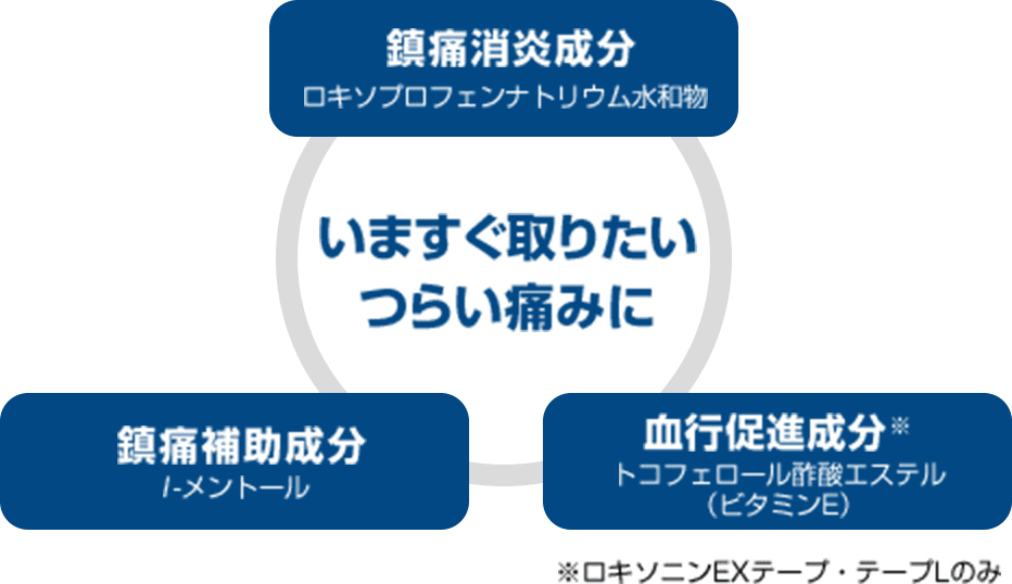 いますぐ取りたいつらい痛みに 鎮痛消炎成分ロキソプロフェンナトリウム水和物 血行促進成分※トコフェロール酢酸エステル（ビタミンE）※ロキソニンEXテープ・テープLのみ 鎮痛補助成分I-メントール