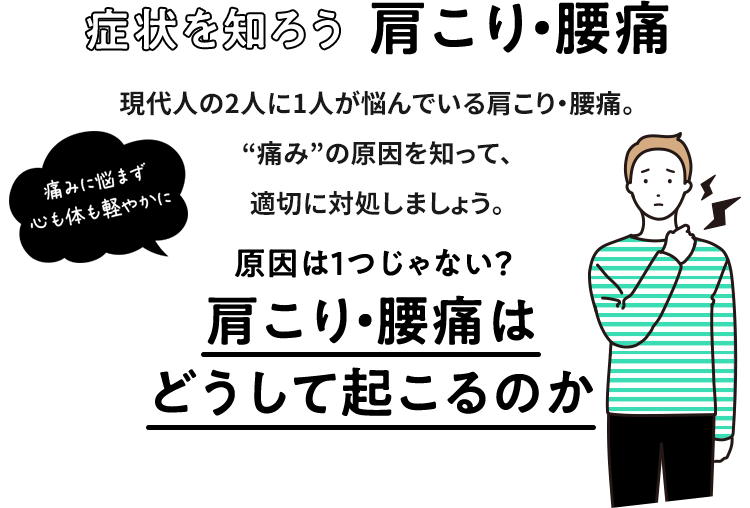 症状を知ろう  肩こり・腰痛 現代人の2人に1人が悩んでいる肩こり・腰痛。“痛み”の原因を知って、適切に対処しましょう。原因は1つじゃない？  痛みに悩まず 心も体も軽やかに 肩こり・腰痛は どうして起こるのか