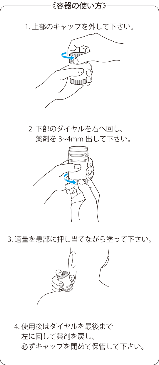 1.上部のキャップを外して下さい。2.下部のダイヤルを右へ回し、薬剤を3〜4mm出して下さい。3.適量を患部に押し当てながら塗って下さい。4.使用後はダイヤルを最後まで左に回して薬剤を戻し、必ずキャップを閉めて保管して下さい。