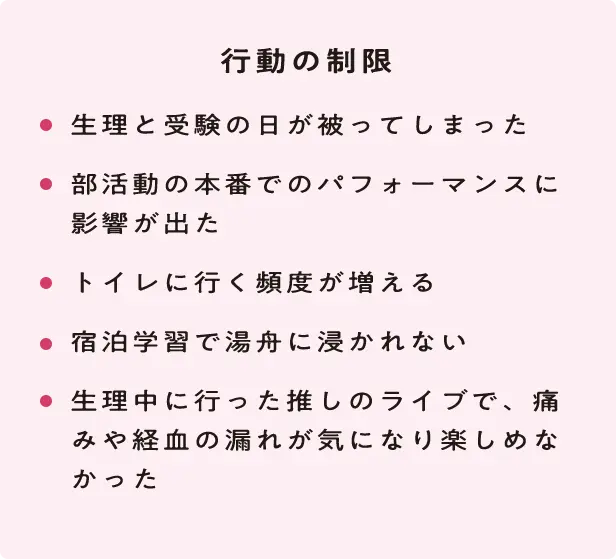 行動の制限 ・生理と受験の日が被ってしまった ・部活動の本番でのパフォーマンスに影響が出た ・トイレに行く頻度が増える ・宿泊学習で湯舟に浸かれない ・生理中に行った推しのライブで、痛みや経血の漏れが気になり楽しめなかった