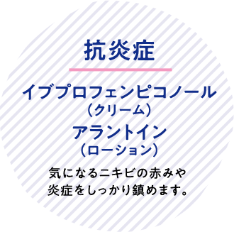 抗炎症 イブプロフェンピコノール（クリーム） アラントイン（ローション） 気になるニキビの赤みや炎症をしっかり鎮めます。