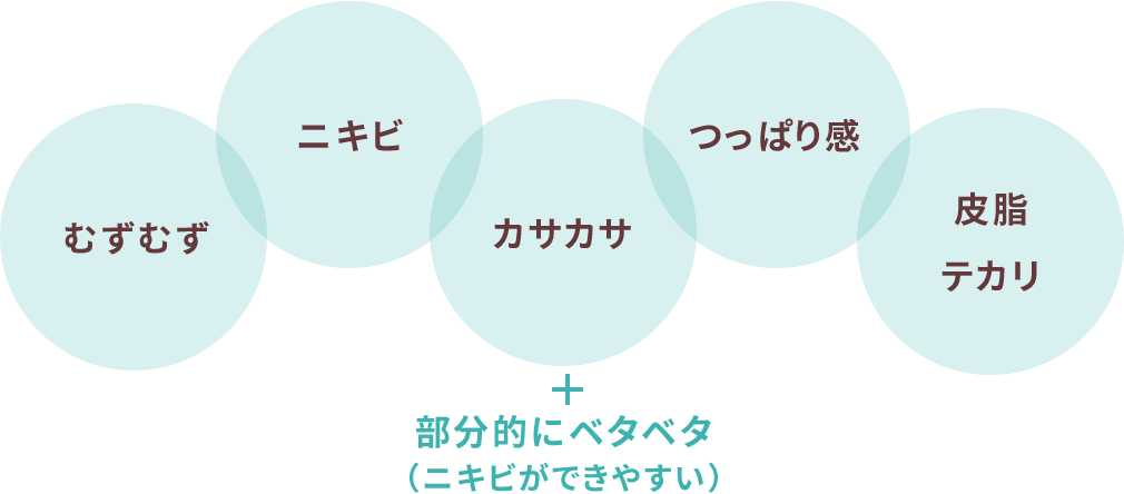 むずむず ニキビ カサカサ+部分的にベタベタ（ニキビができやすい） つっぱり感 皮脂・テカリ