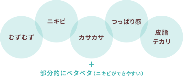 むずむず ニキビ カサカサ+部分的にベタベタ（ニキビができやすい） つっぱり感 皮脂・テカリ