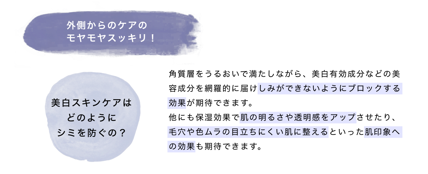 外側からのケアのモヤモヤスッキリ！ 角質層をうるおいで満たしながら、美白有効成分などの美容成分を網羅的に届けしみができないようにブロックする効果が期待できます。他にも保湿効果で肌の明るさや透明感をアップさせたり、毛穴や色ムラの目立ちにくい肌に整えるといった肌印象への効果も期待できます。